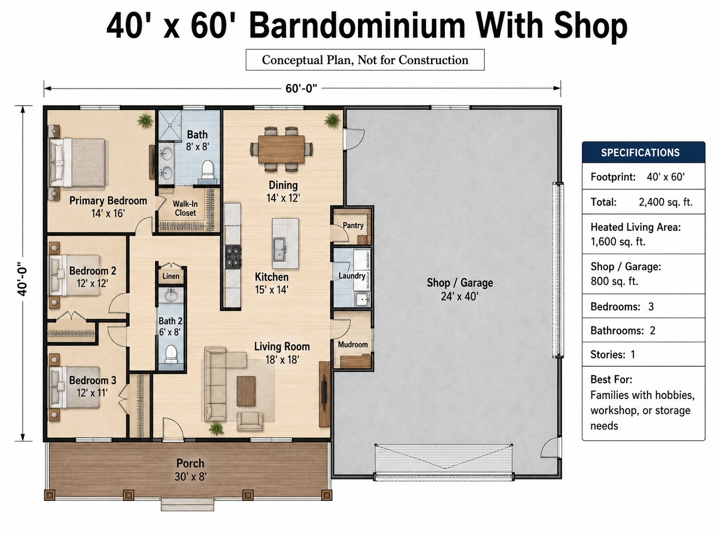 Conceptual 30x40 barndominium floor plan with two bedrooms and an efficient open living area.