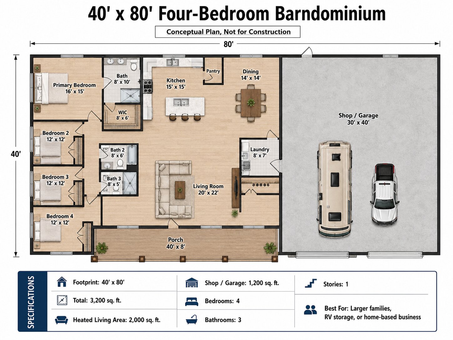 Conceptual 40x60 barndominium floor plan with three bedrooms, a mudroom, and an attached two-bay shop.