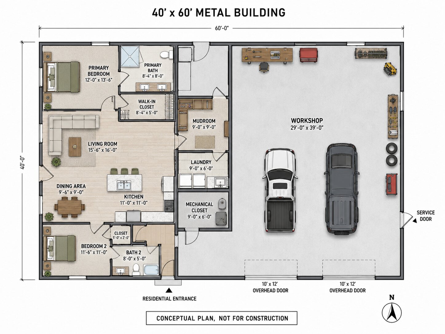 Conceptual 40x60 metal building floor plan with two bedrooms, two bathrooms, a mudroom, and a two-bay workshop.