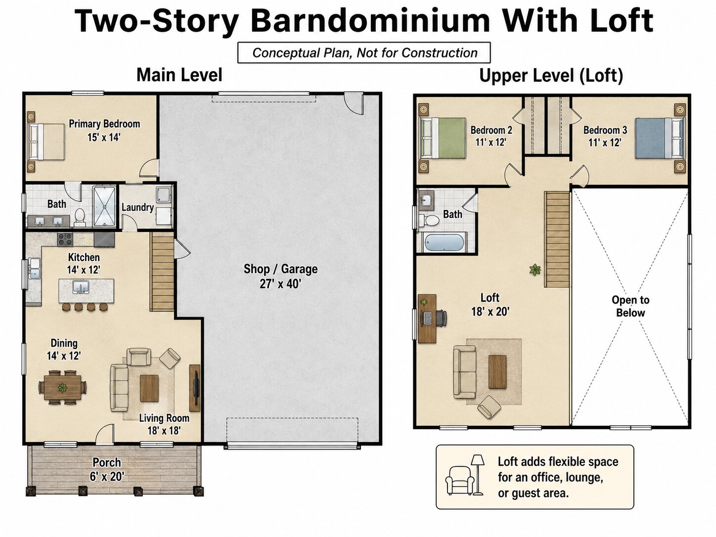 Conceptual 40x80 barndominium floor plan with four bedrooms and a large attached workshop.