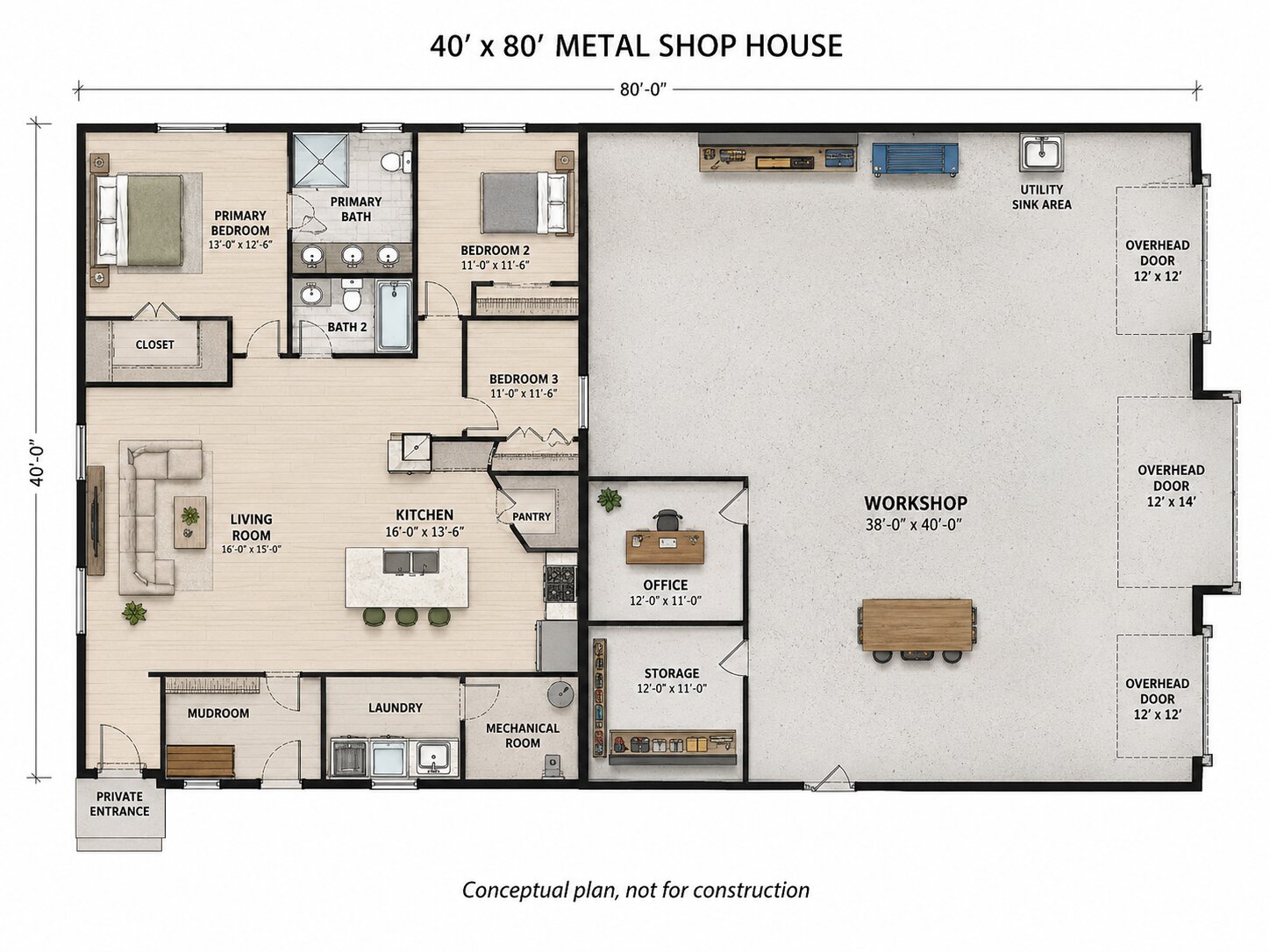 Conceptual 40x80 metal shop house floor plan with three bedrooms and a large workshop.