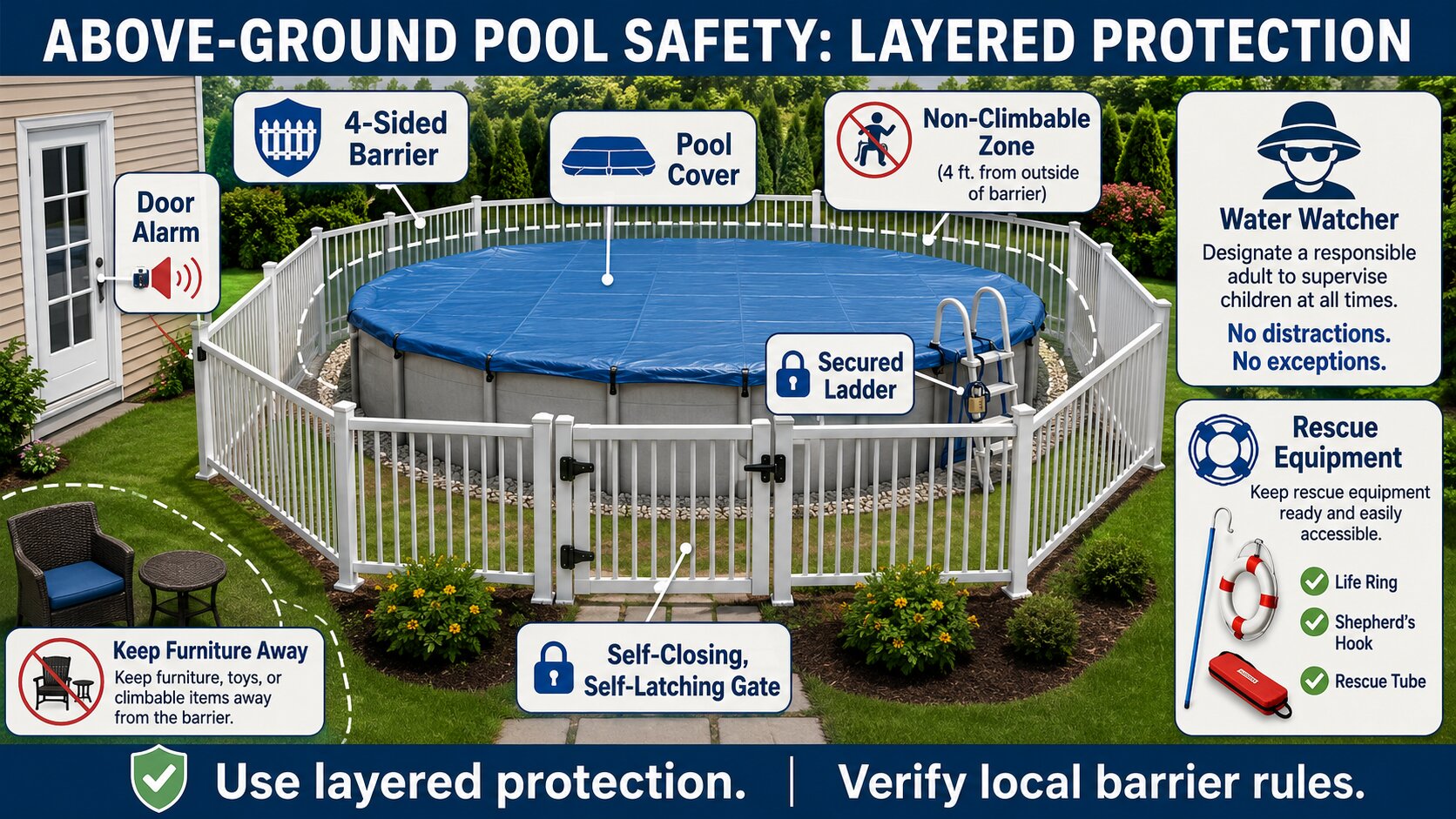 Layered safety diagram for an above-ground pool with barrier, gate, secured ladder, alarm, cover, supervision, and rescue equipment.