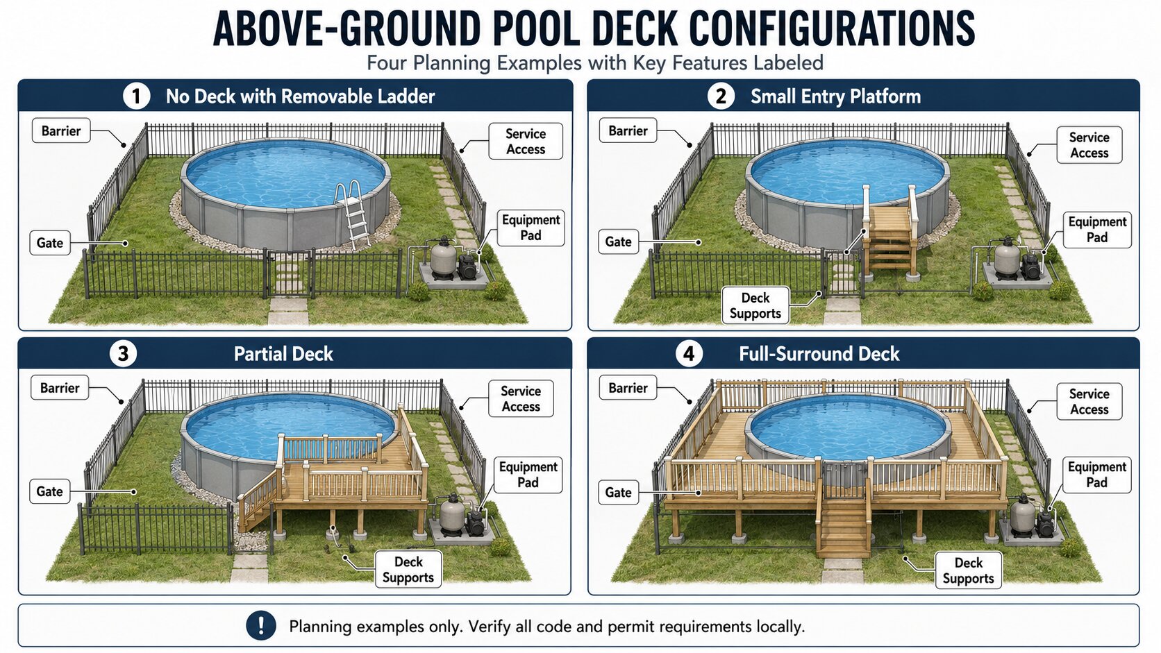 Comparison of four above-ground pool deck configurations with access, barriers, and service areas.