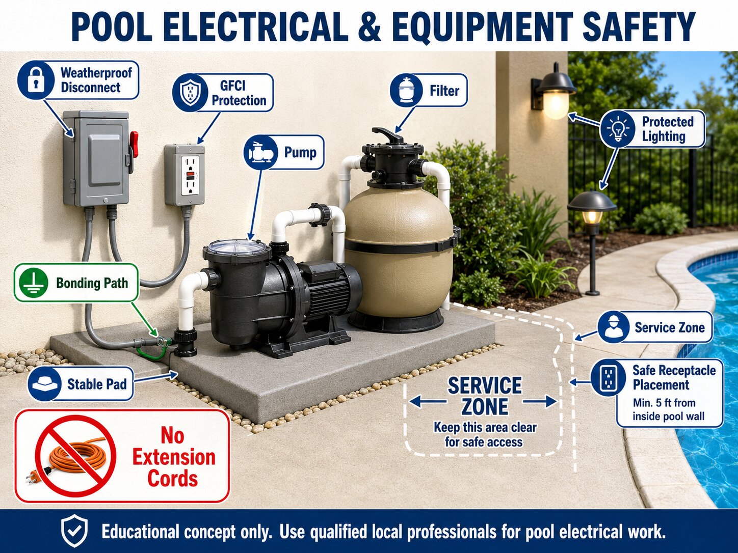 Above-ground pool electrical safety diagram showing GFCI protection, equipment pad, bonding, disconnect, safe lighting, and no extension cords.