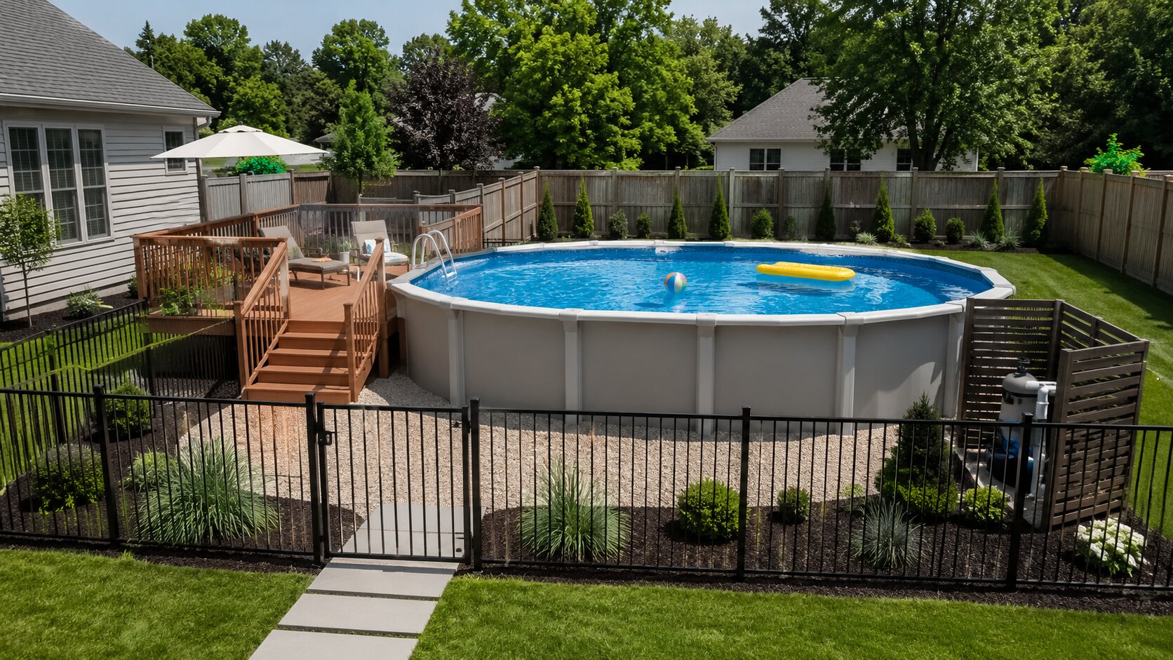 Well-planned above-ground pool with a partial deck, secure gate, landscaping, and clear equipment access in a U.S. backyard.
