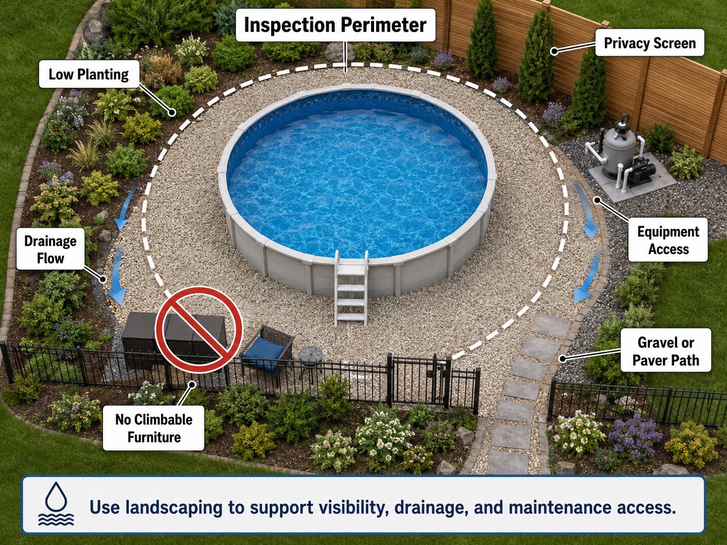 Above-ground pool landscaping plan with clear inspection space, low planting, drainage, privacy screen, equipment access, and a non-climbable safety zone.