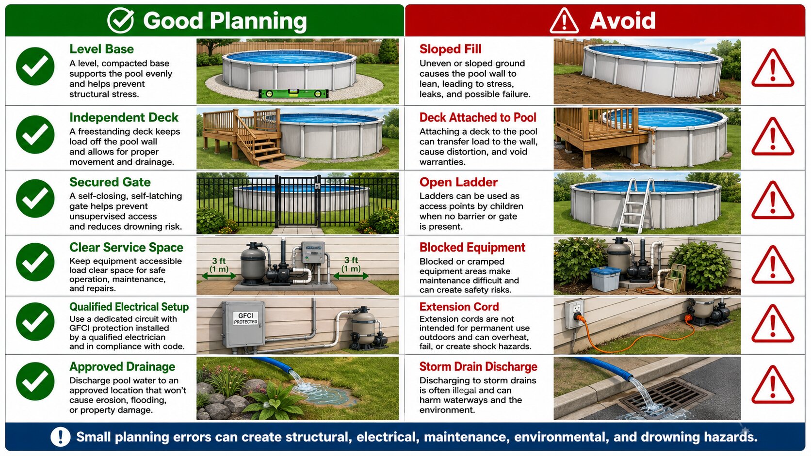 Above-ground pool planning comparison showing safe site, deck, access, electrical, service, and drainage practices versus common mistakes.