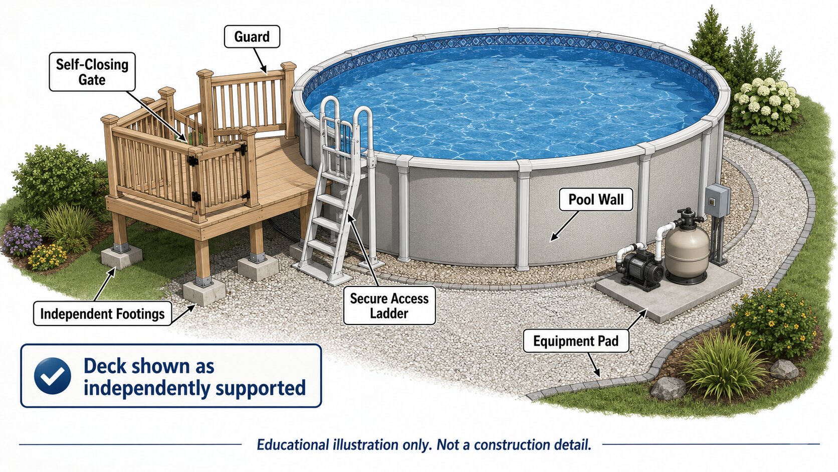 Above-ground pool with an independently supported partial deck, secure gate, equipment pad, and service access.
