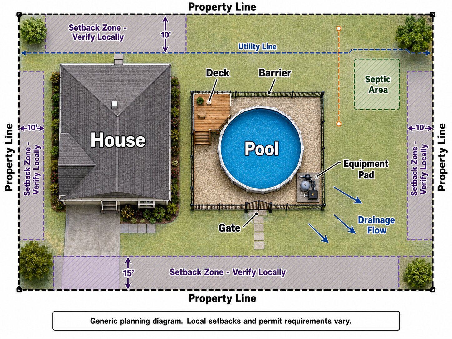 Top-down above-ground pool site plan showing setbacks, utilities, drainage, barrier, gate, equipment, and deck areas.