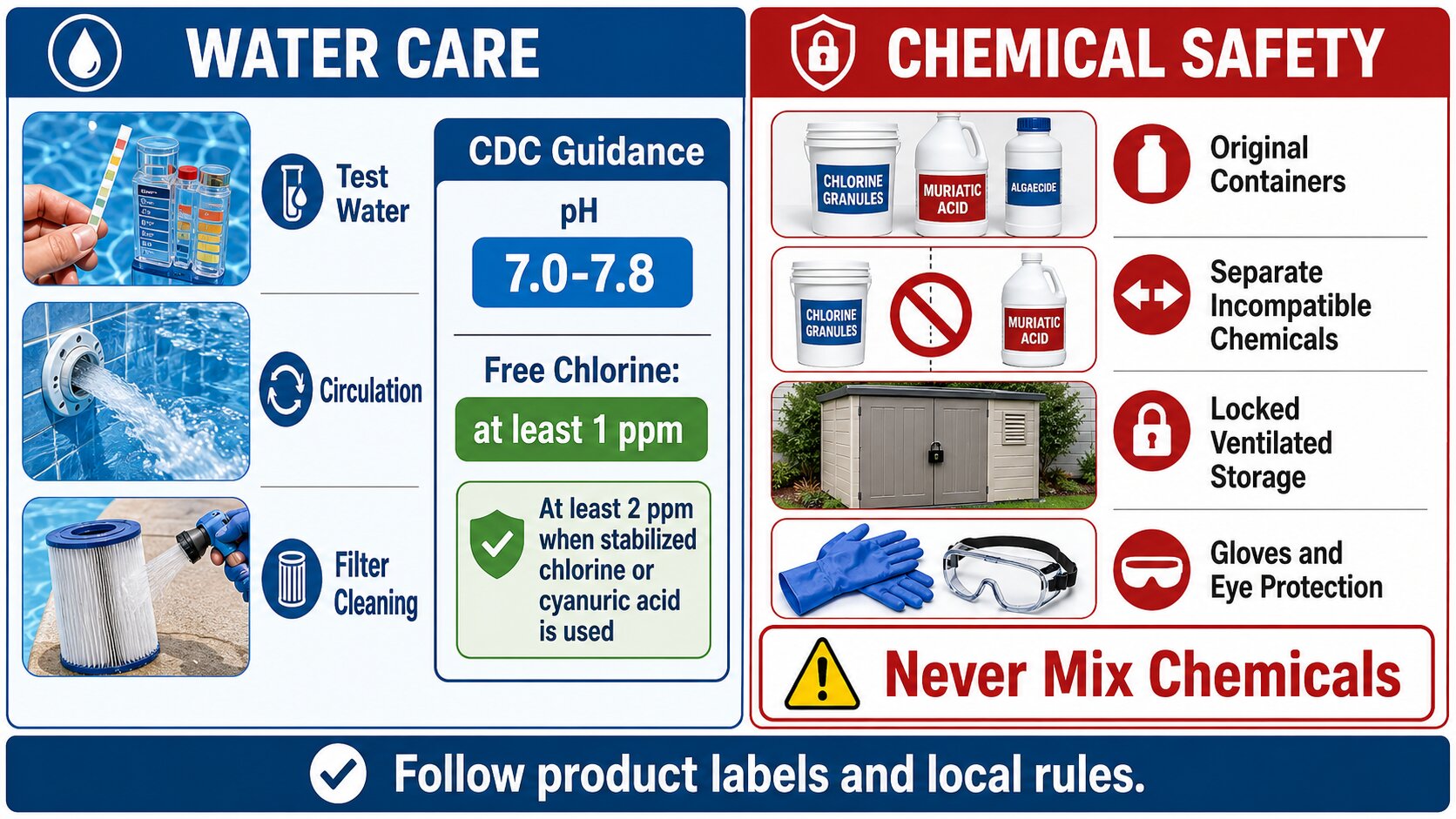 Above-ground pool water-care and chemical-safety guide showing testing, filtration, labeled storage, protective equipment, and a never-mix warning.