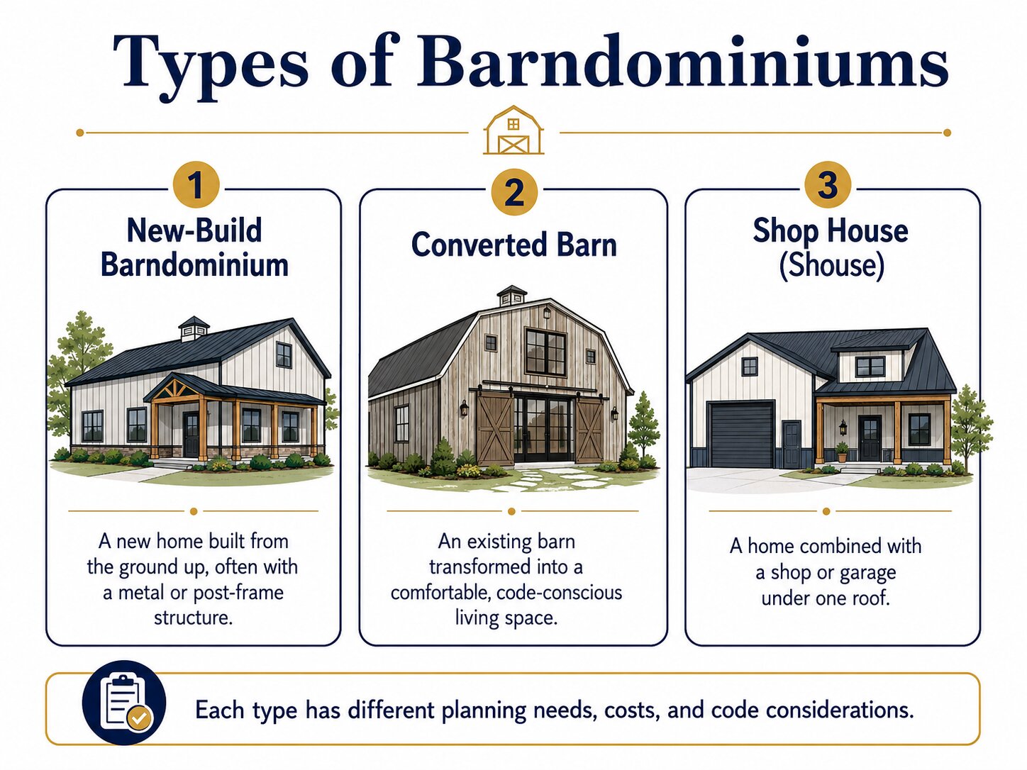 Comparison of a new-build barndominium, metal building home, shop house, and converted barn.