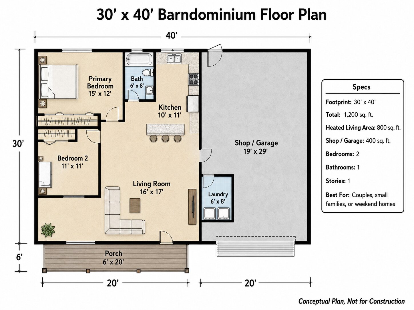 Scale comparison of common barndominium footprints from 30x40 to 50x100.