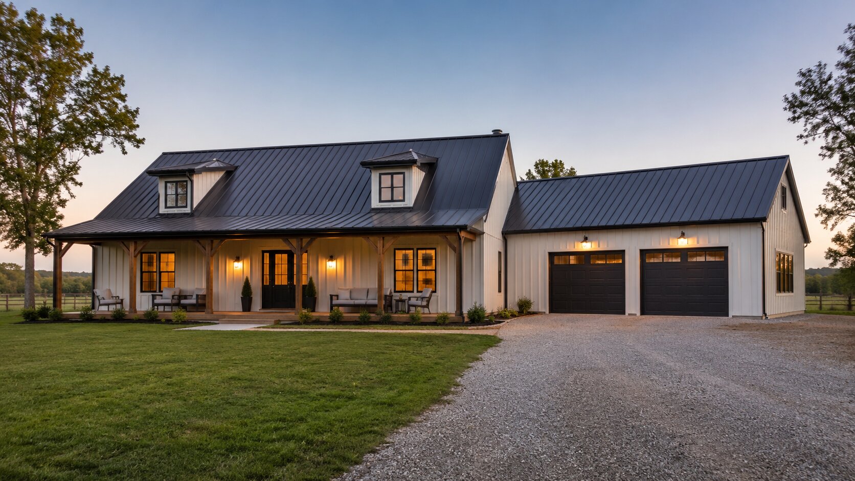 Modern barndominium with a covered porch, residential windows, and an attached shop in a rural U.S. setting.