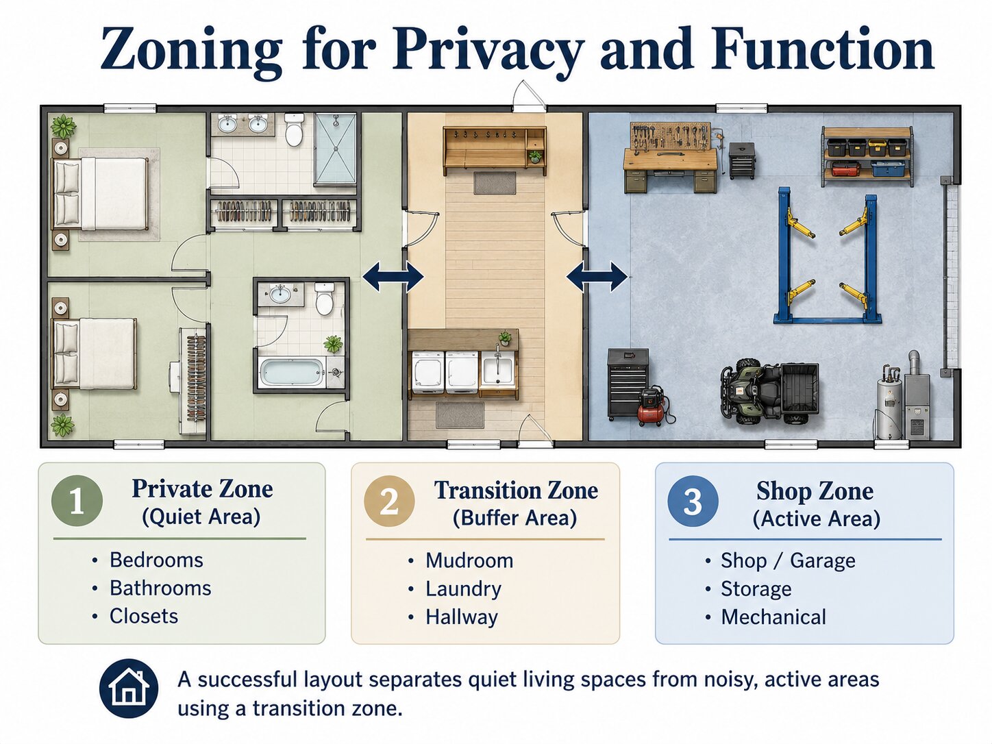 Zoning diagram for a barndominium with separate residential, transition, shop, visitor, and vehicle areas.
