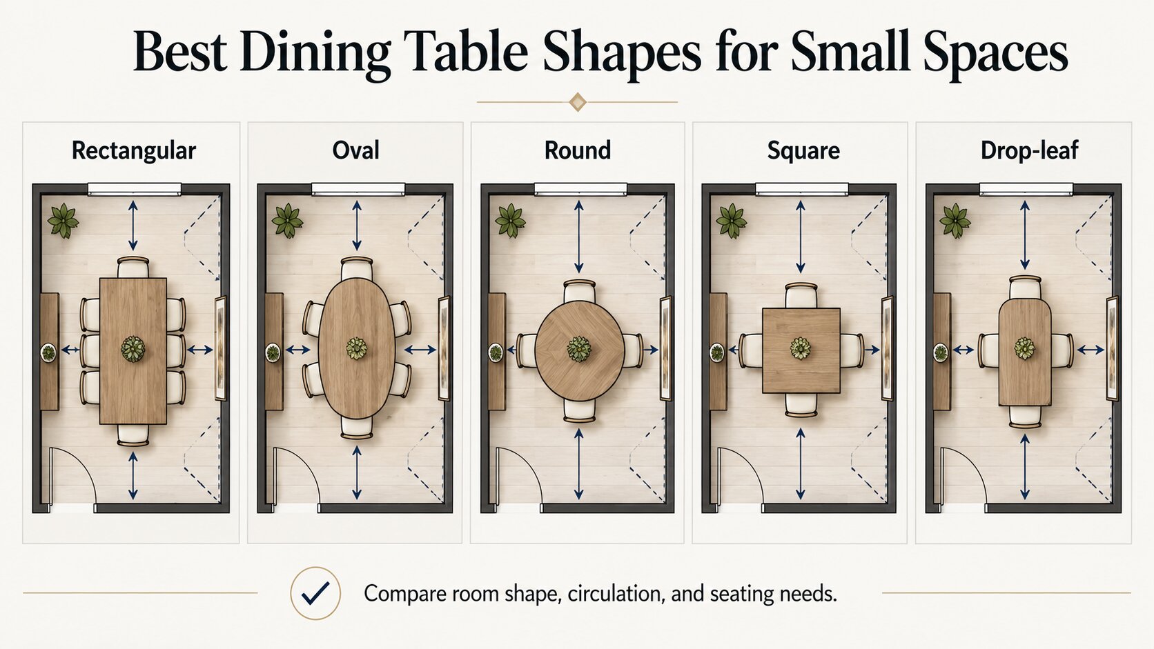 Comparison of rectangular, oval, round, square, and drop-leaf tables in small dining rooms.