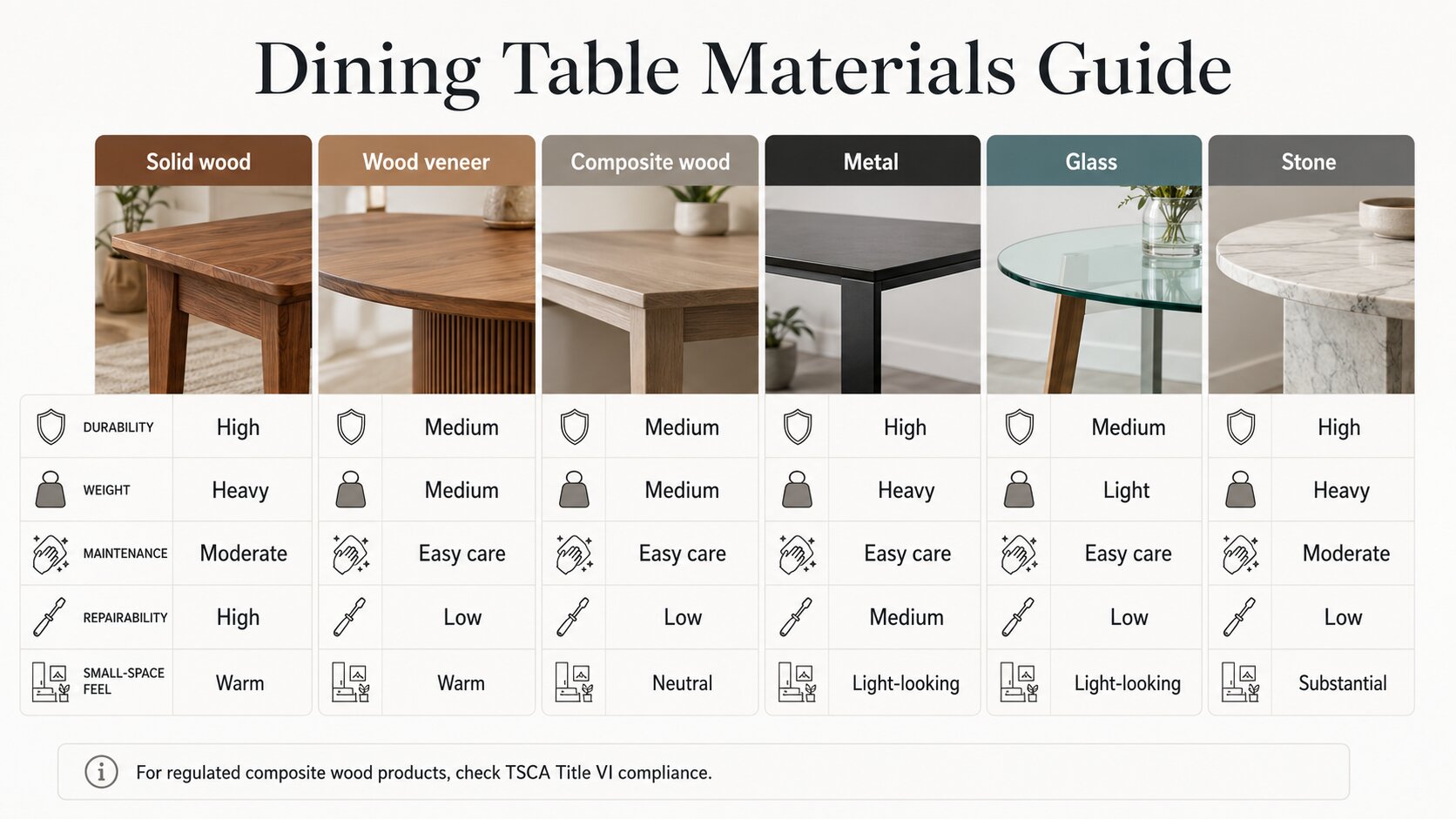 Comparison of dining table materials including wood, veneer, composite wood, metal, glass, and stone.