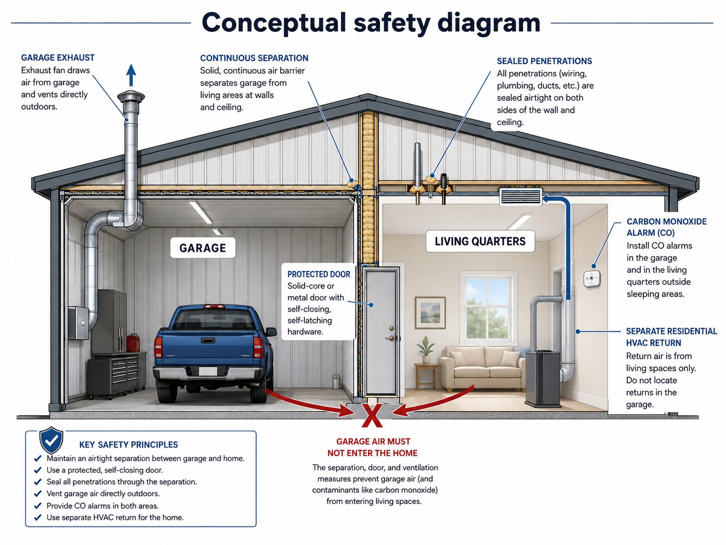 Diagram showing air sealing, protected openings, separate HVAC, and pollutant control between a garage and living quarters.