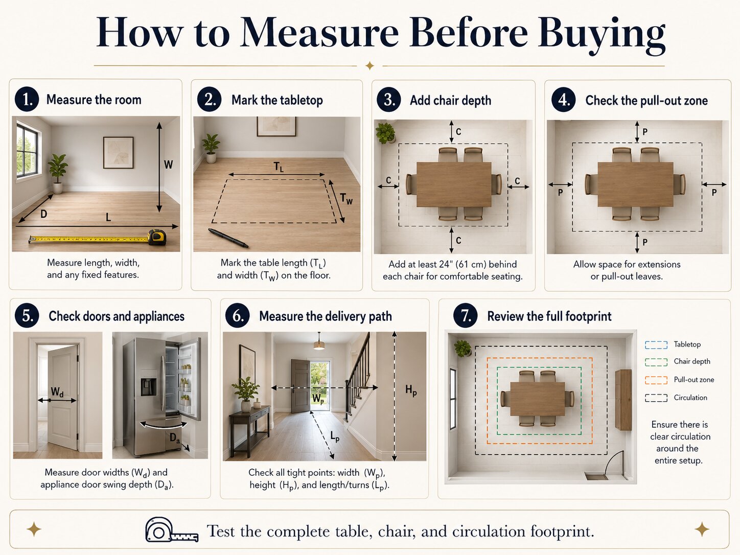Step-by-step guide to measuring a small dining area before buying a table.
