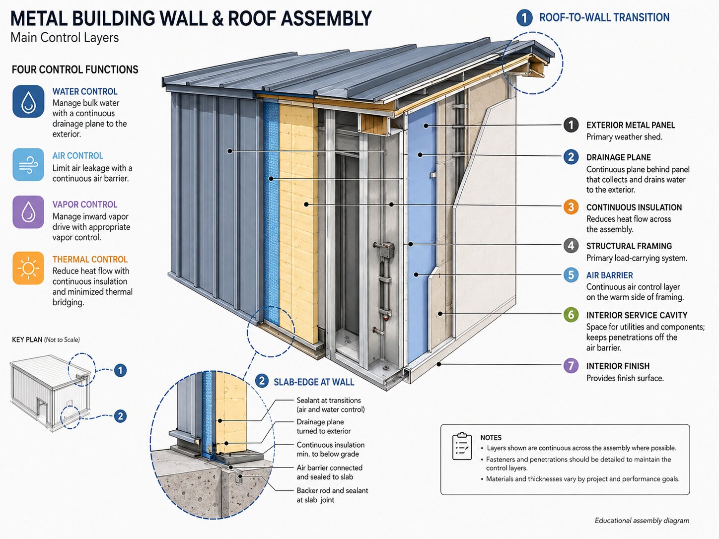 Metal-building wall and roof diagram showing water, air, vapor, and thermal control layers.