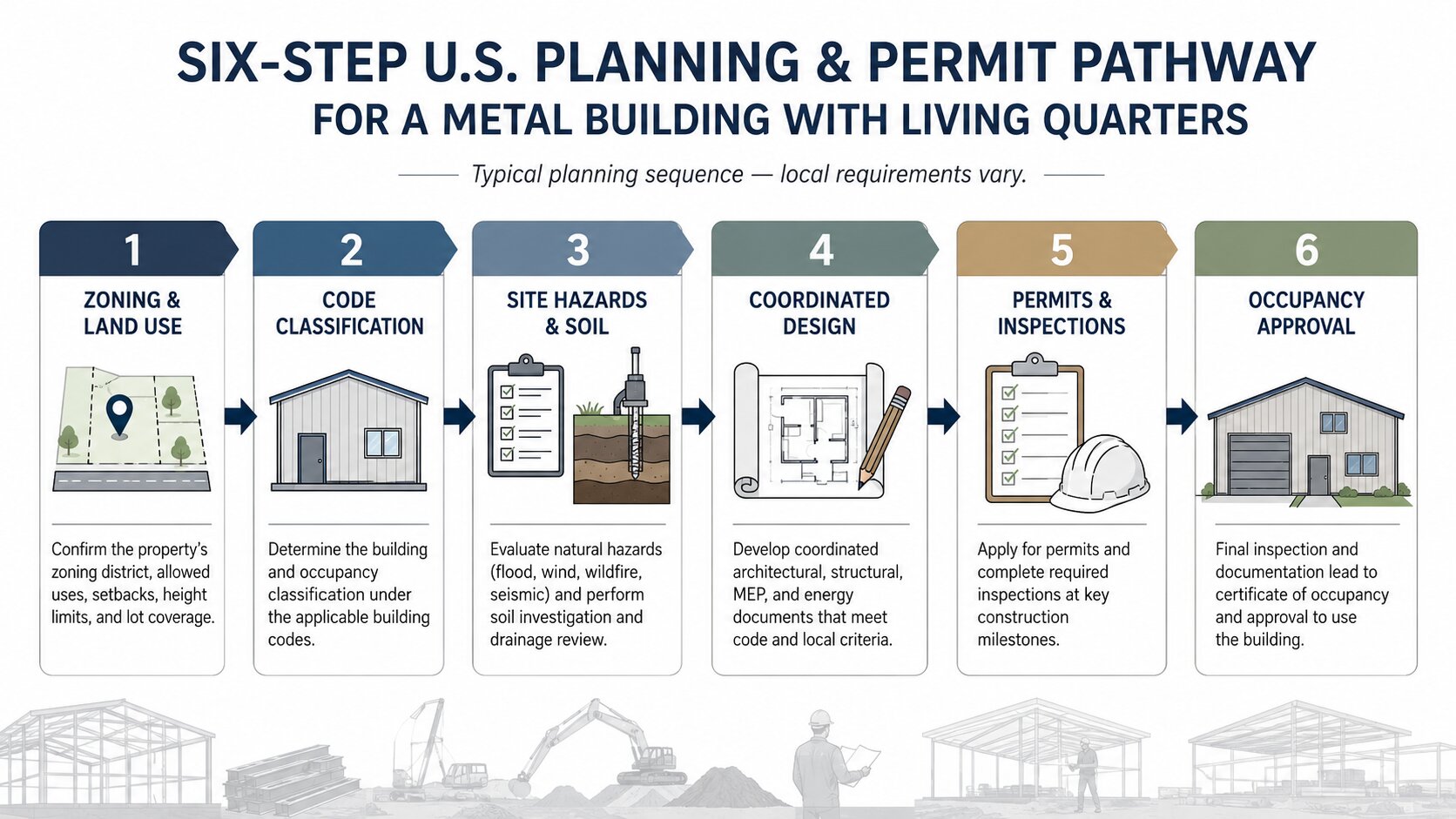 Six-step U.S. planning and permit pathway for a metal building with living quarters.