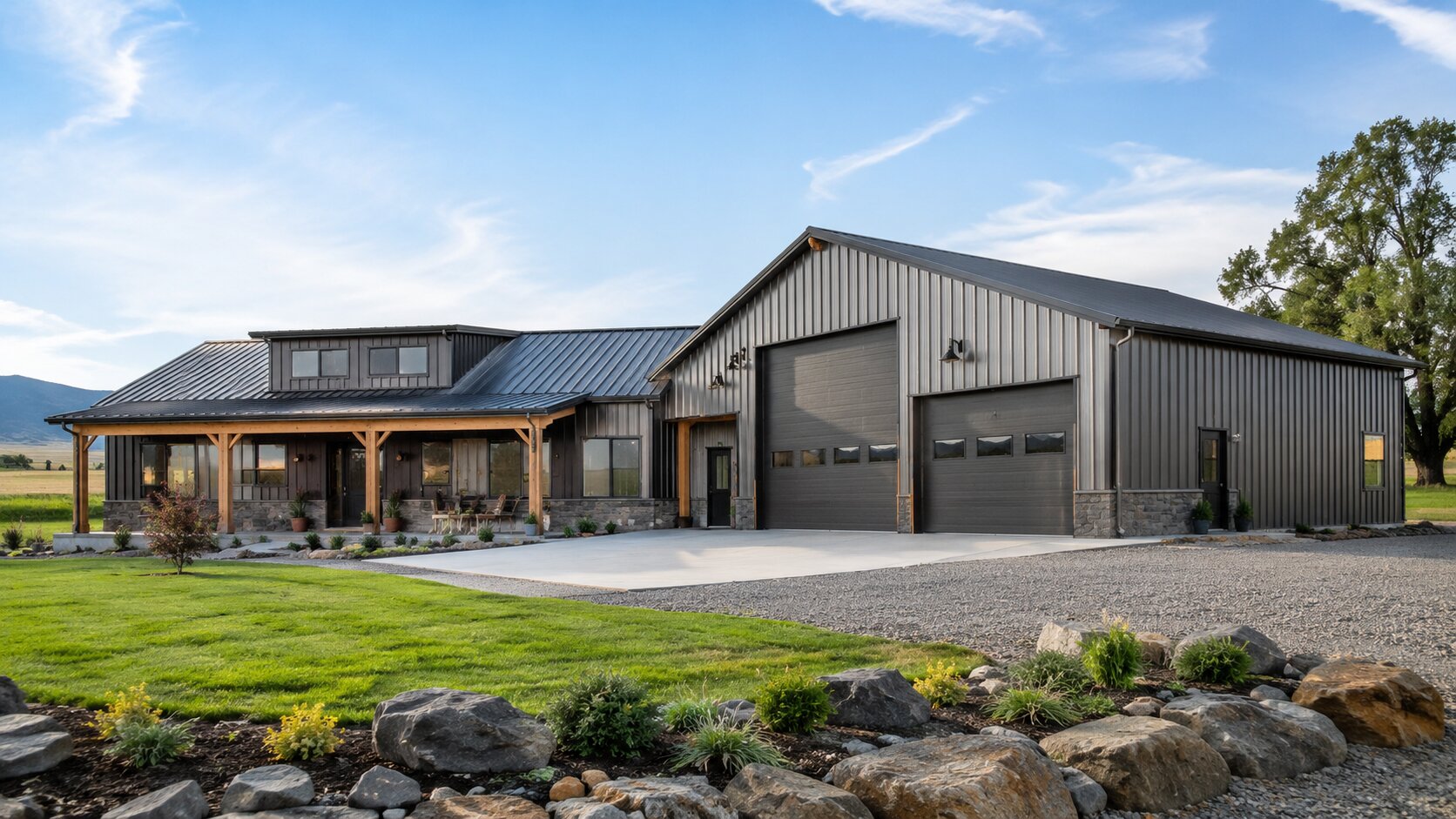 Modern metal building with living quarters, a covered residential entrance, and an attached workshop in a rural U.S. setting.