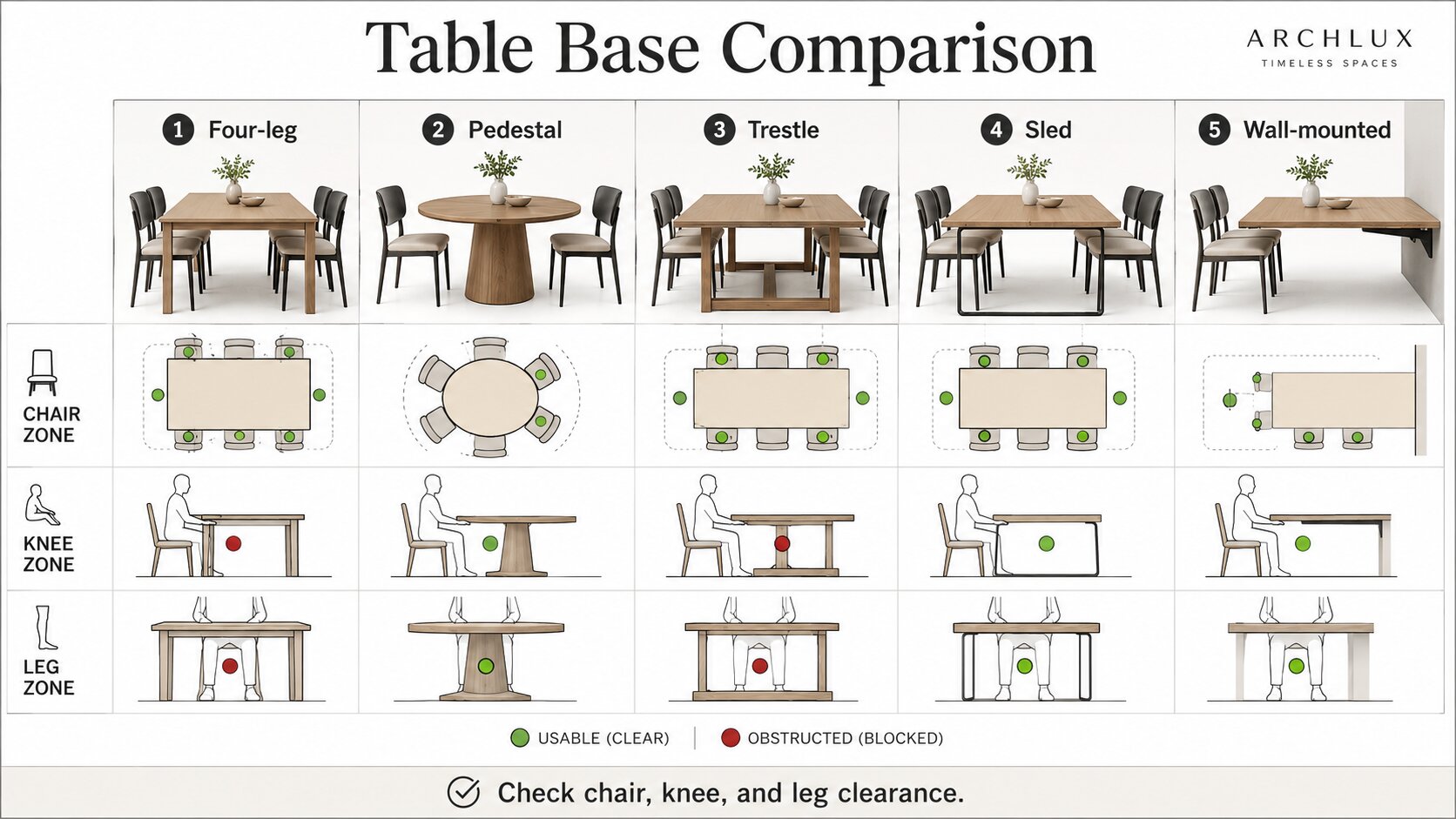 Dining table base comparison showing chair and knee clearance for small spaces.