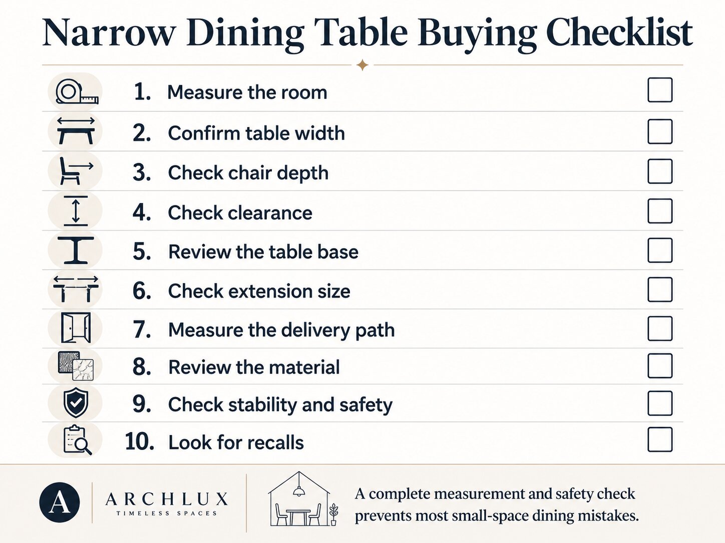 Checklist for choosing a narrow dining table for a small space.
