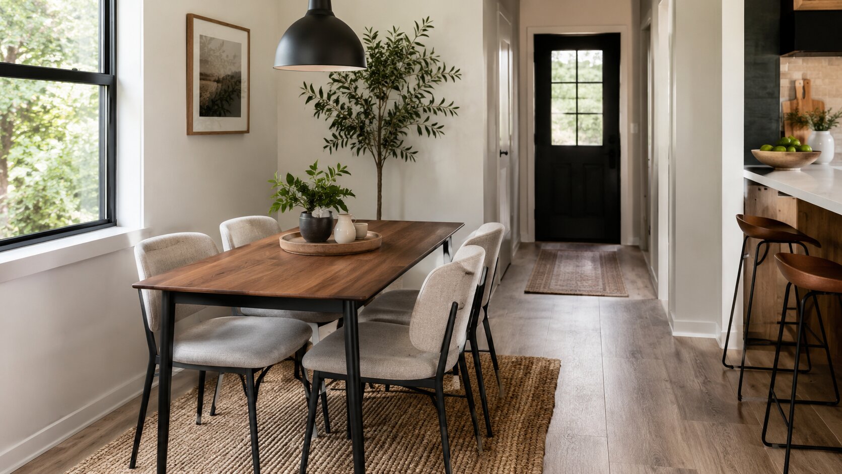 Narrow rectangular dining table for four in a bright, compact dining area with a clear walking path.