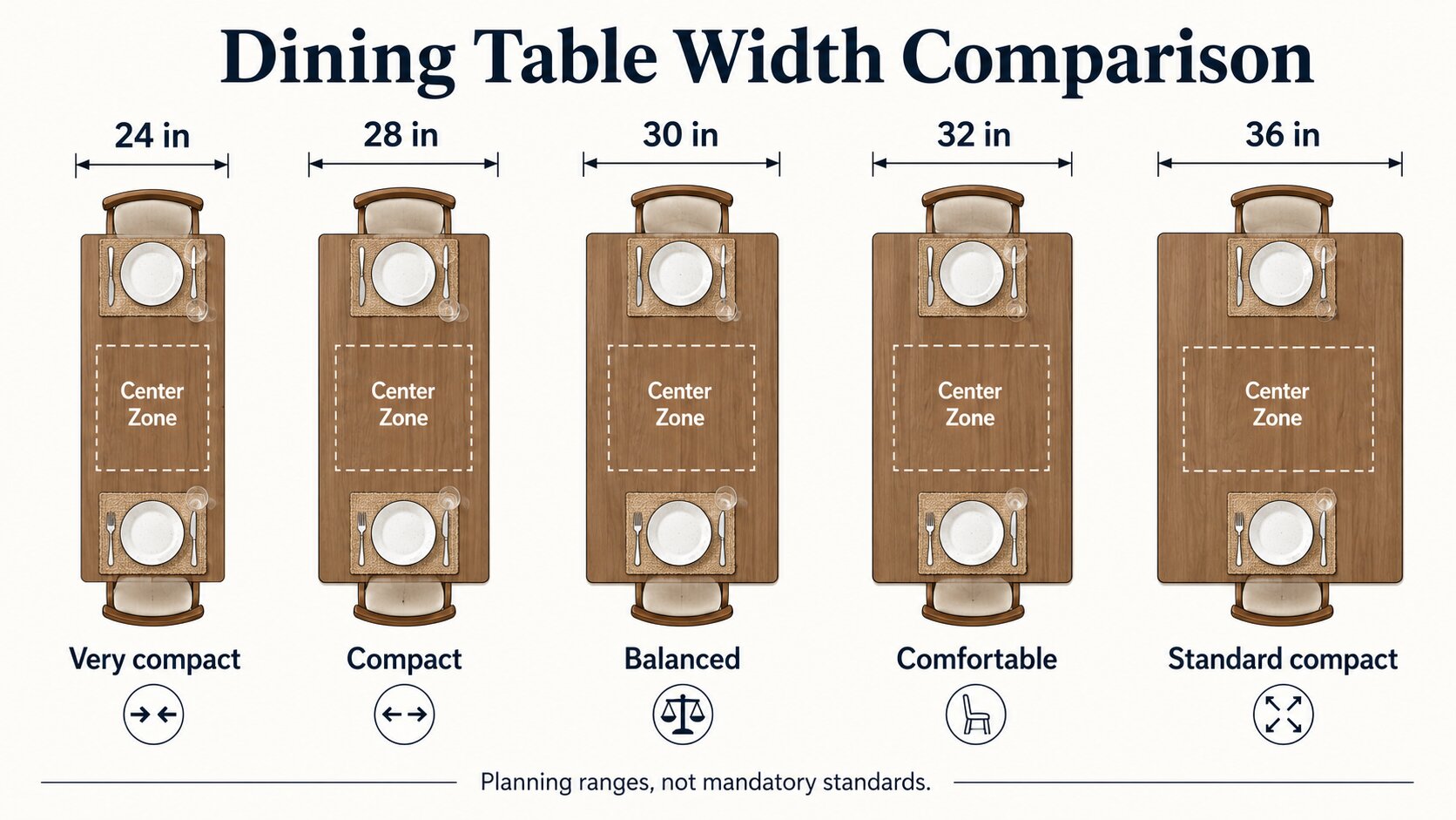 Top-down comparison of narrow dining table widths from 24 to 36 inches with place settings.