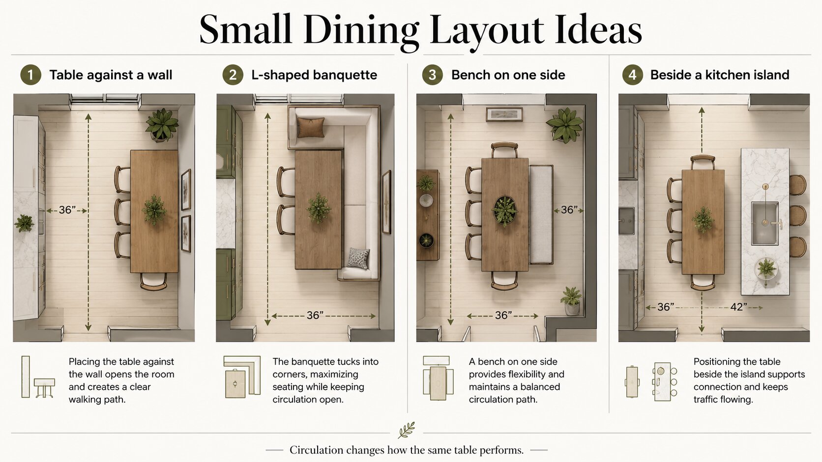 Four small-space dining layouts using a wall, banquette, bench, and kitchen island.