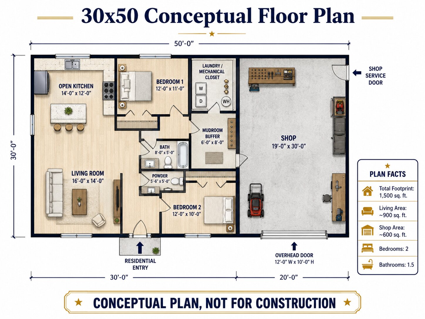 Conceptual 30x50 barndominium floor plan with two bedrooms, a mudroom buffer, and a compact shop.