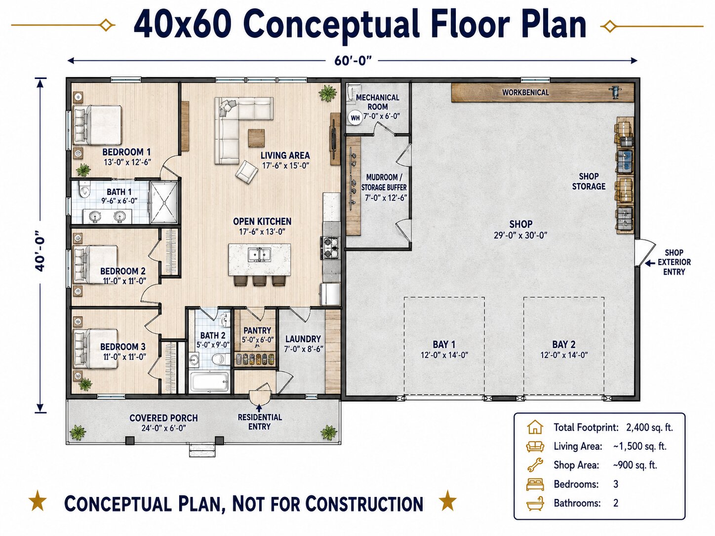 Conceptual 40x60 three-bedroom barndominium floor plan with a balanced two-bay shop.