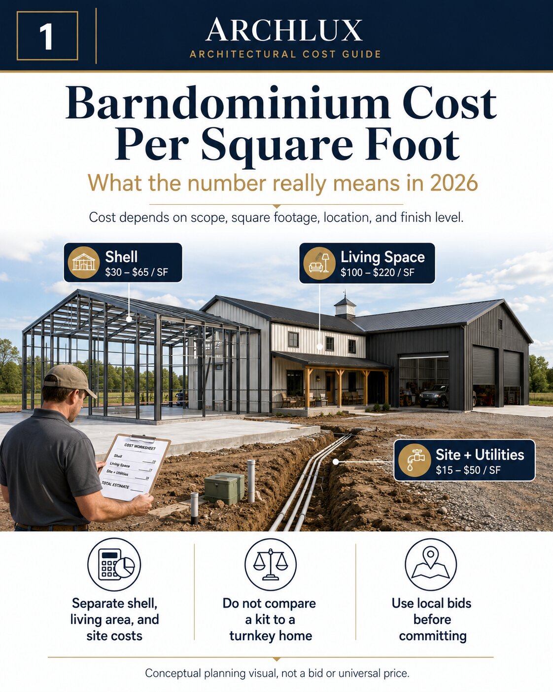 Barndominium project showing separate shell, finished living area, shop, and site-work cost categories.