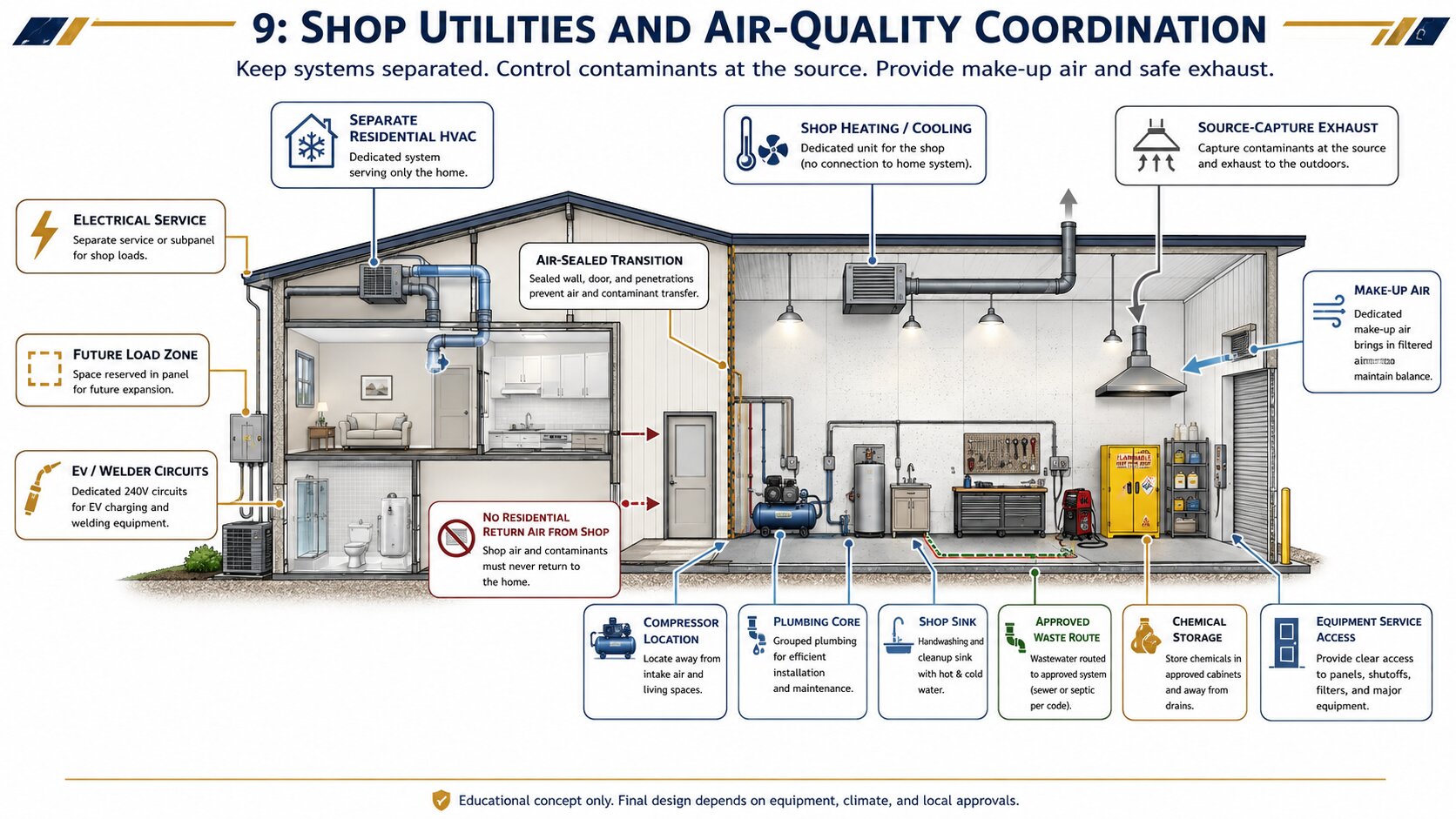 Barndominium shop utility and air-quality diagram showing separate HVAC, exhaust, electrical loads, plumbing, storage, and an air-sealed transition.