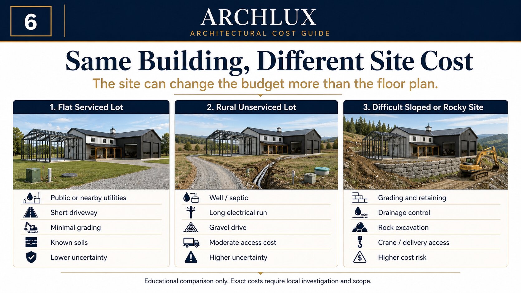 Three barndominium site scenarios showing how utilities, access, grading, drainage, and terrain affect cost.