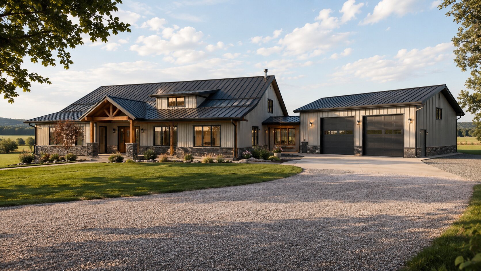 Modern barndominium with a residential entrance, covered porch, and attached workshop in a rural U.S. setting.